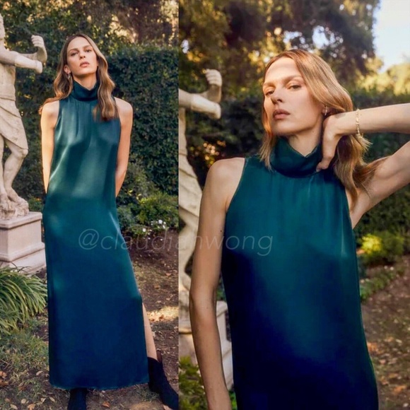GWYN Nneoma Turtleneck Satin Maxi Dress in Marine Green - Picture 11 of 11